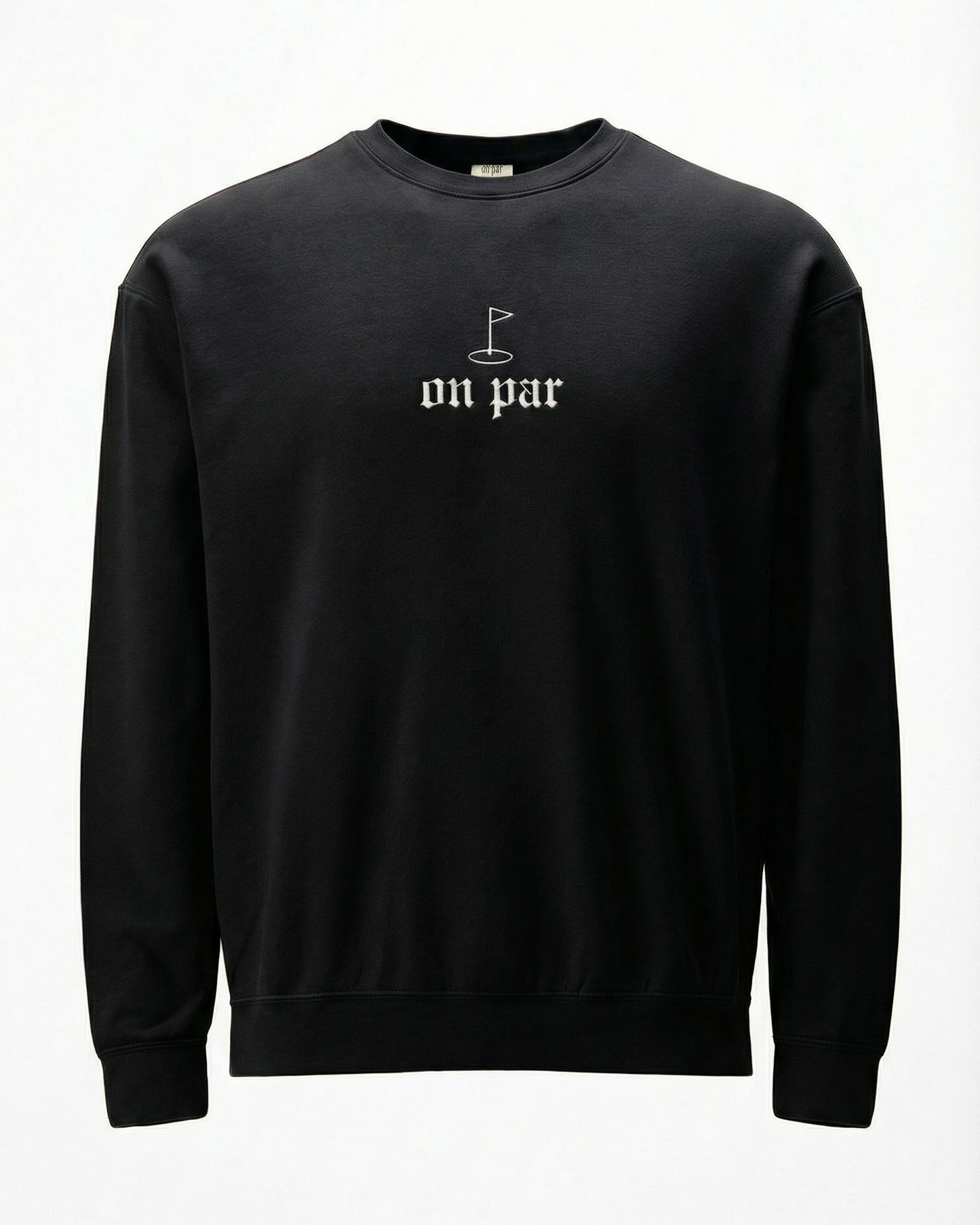 Black sweatshirt with 'on par' text and golf flag design on a white background