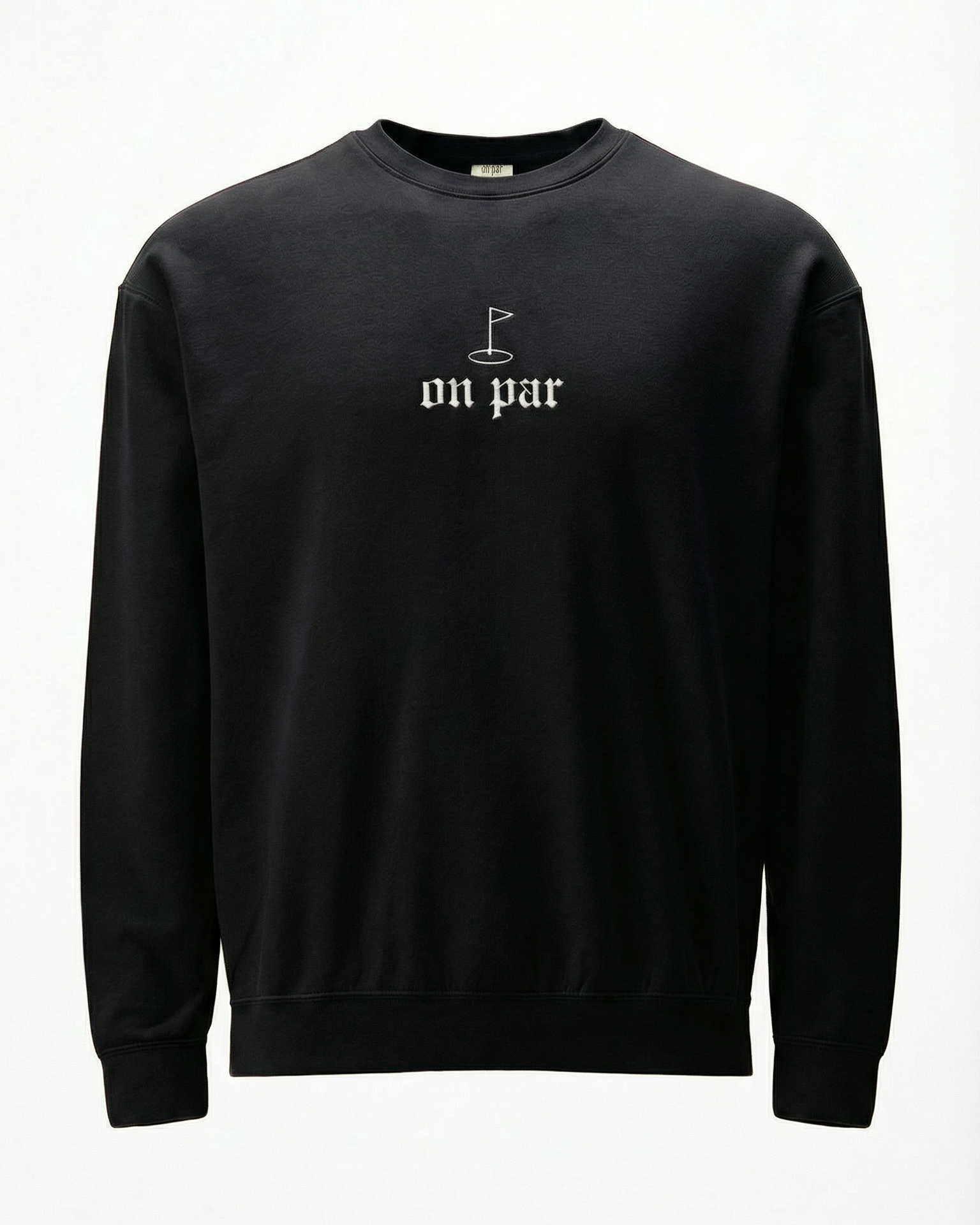 Black sweatshirt with 'on par' text and golf flag design on a white background