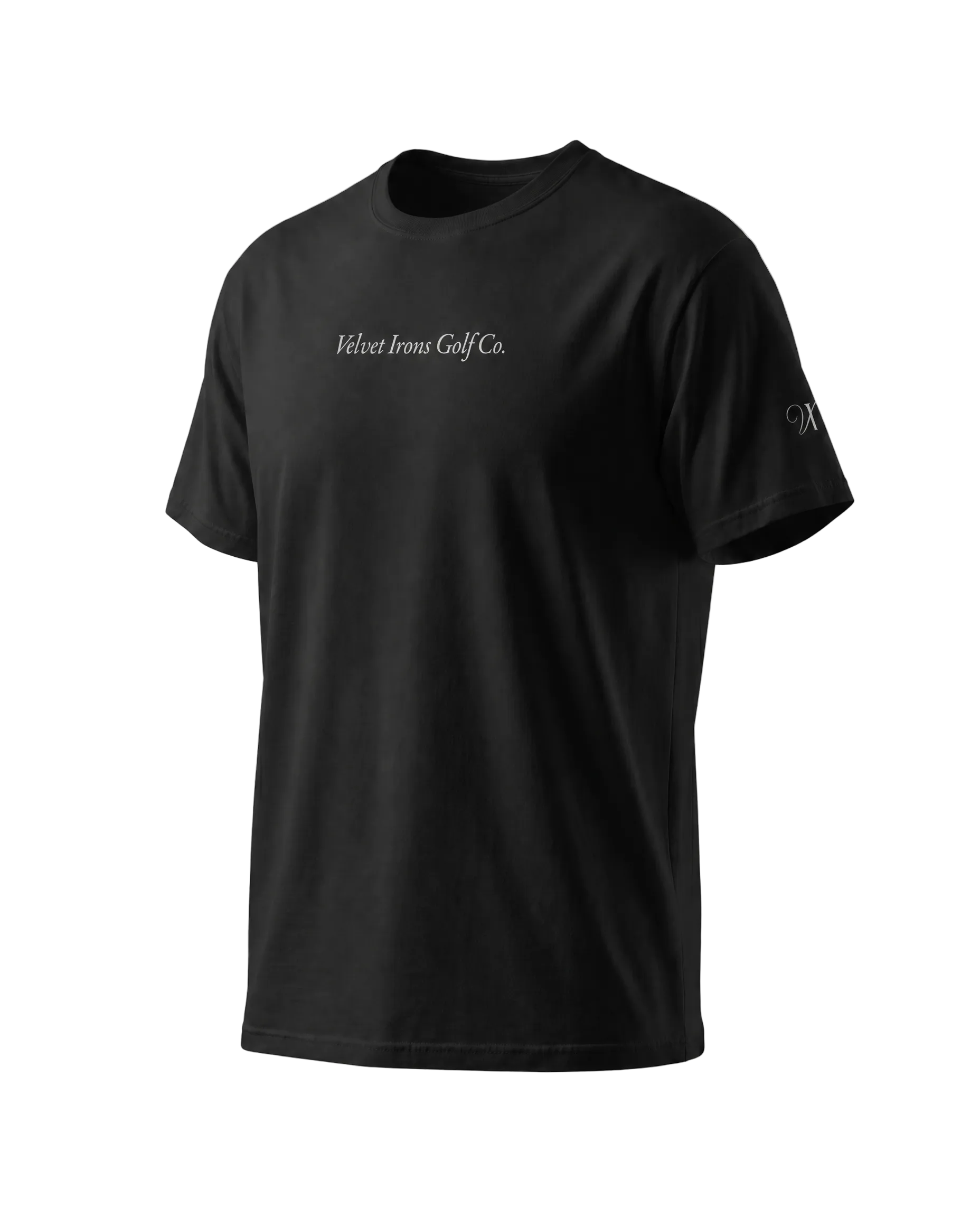 Black t-shirt with text on a gray background