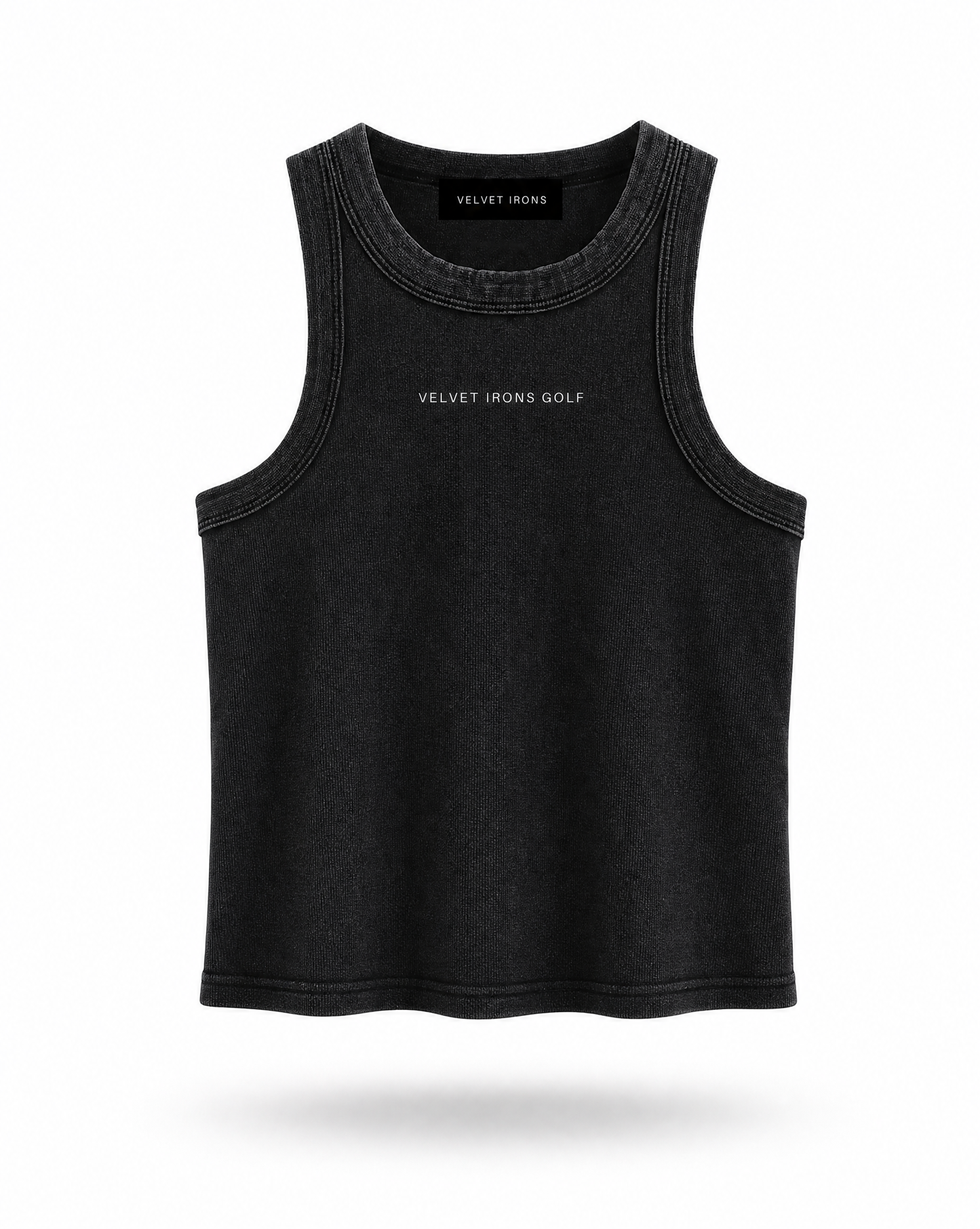 Black tank top with 'Velvet Irons Golf' branding on a white background