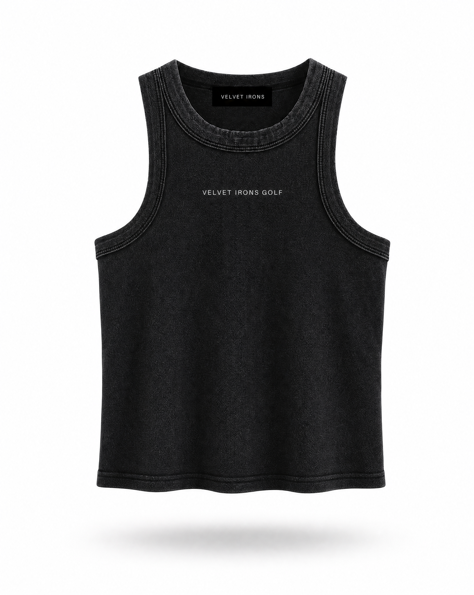 Black tank top with 'Velvet Irons Golf' branding on a white background