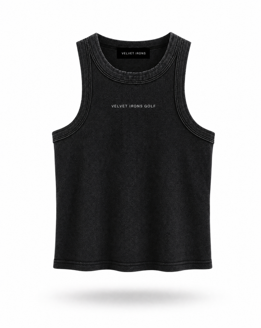 Black tank top with 'Velvet Irons Golf' branding on a white background